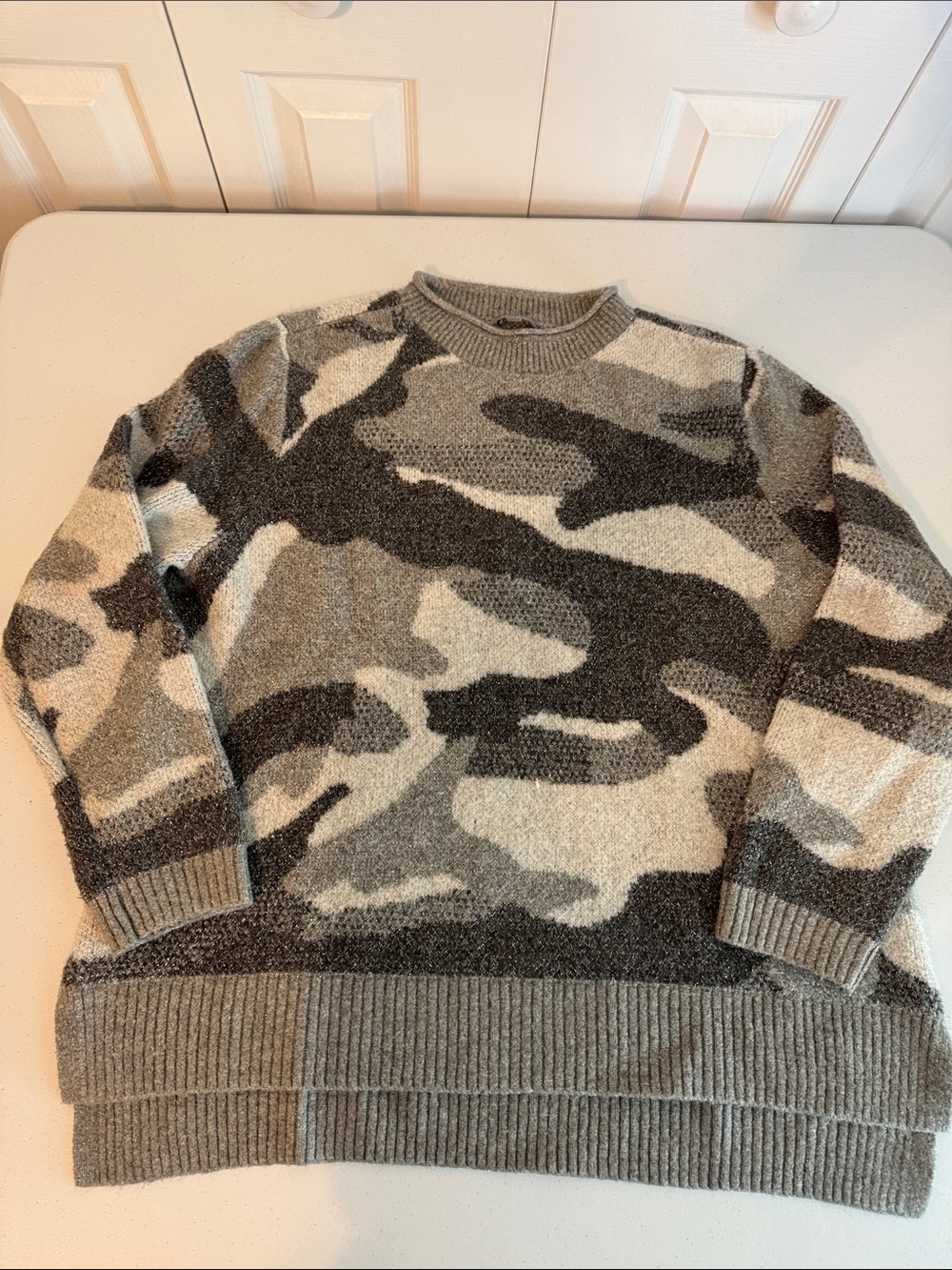 Talbots Women's Tunic Sweater in Gray Camo with silver